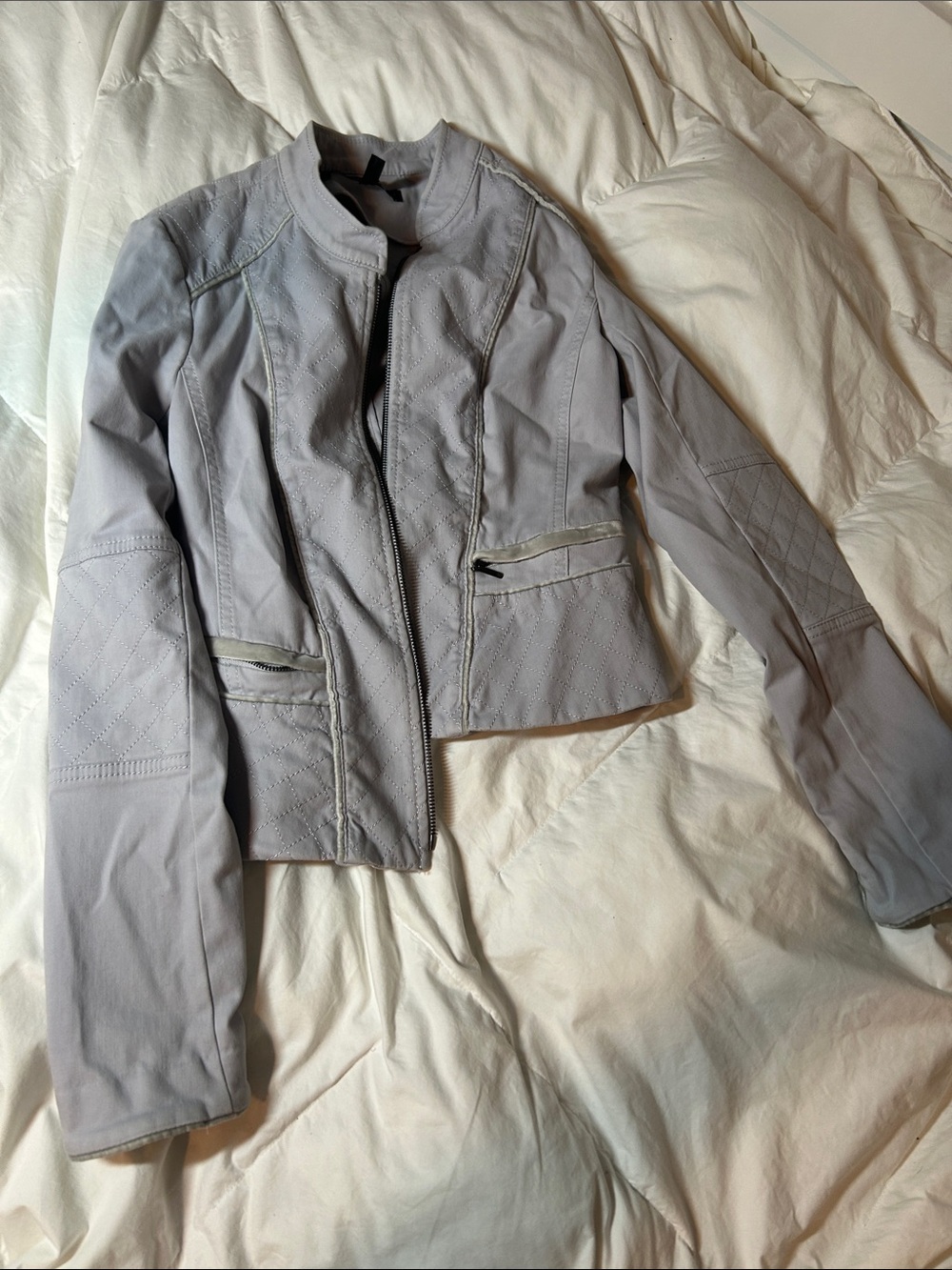 White House Black Market Light Gray Quilted Leather Moto Jacket